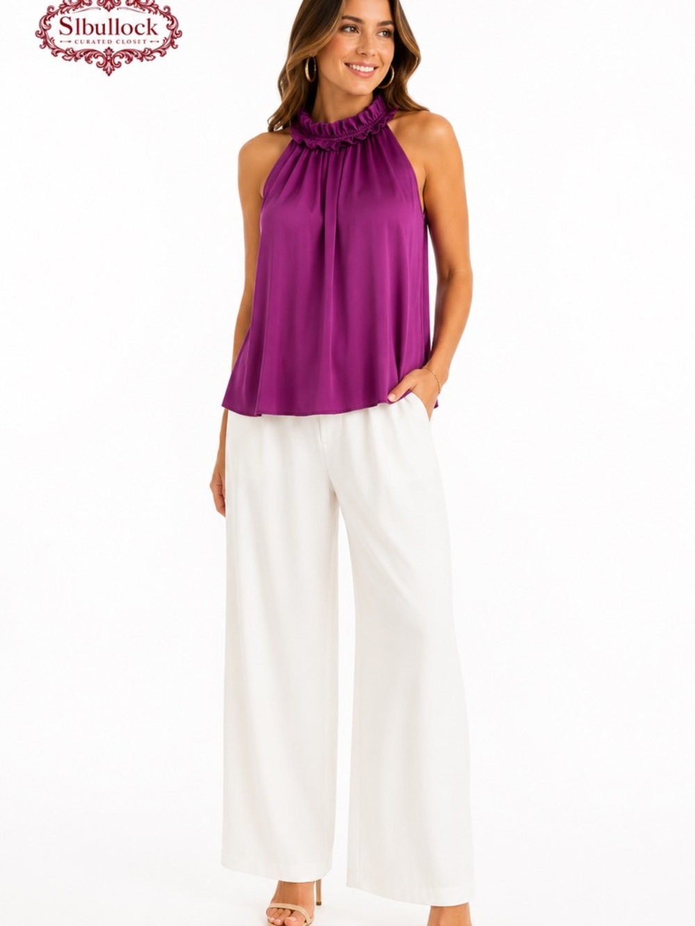 White House Black Market Plum Satin Halter Blouse Sz 8 Ruffle Neck Keyhole Back